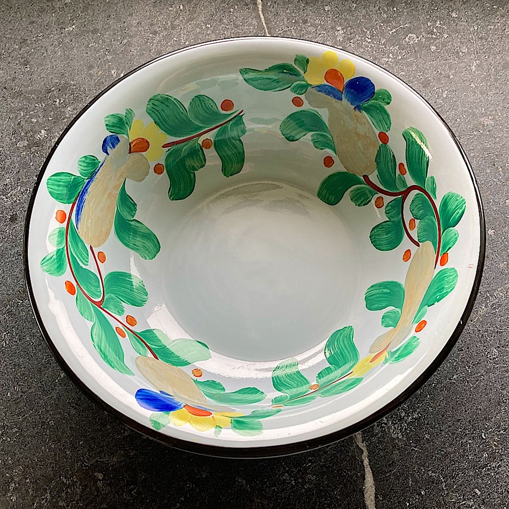 Czechoslovakia handpainted bowl
- bright colors green leaves and flower petals